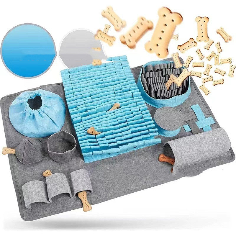 Dog sniffing training pad featuring various textures and toys, perfect for scent training and engaging your pet&