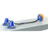 Blue suction cup pet toys attached to a flat surface, featuring a textured orange ball for interactive play.