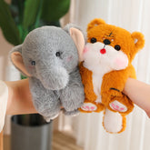 Adorable plush animal dolls, featuring a cute gray elephant and a fluffy orange bear in a playful pose.