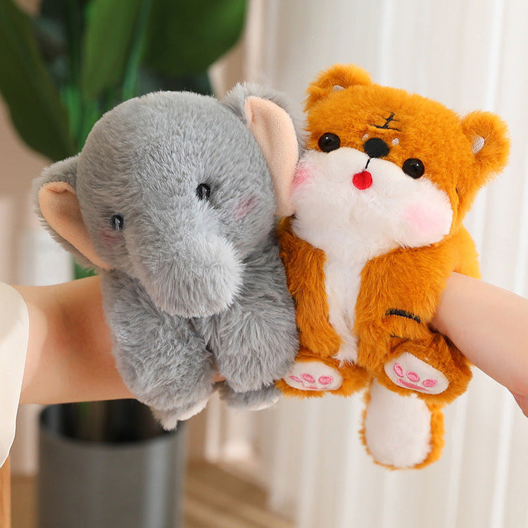 Adorable plush animal dolls, featuring a cute gray elephant and a fluffy orange bear in a playful pose.