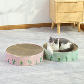 durable cat scratch board for cats featuring a pink and green design with a cat lounging on it