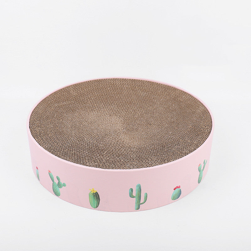 durable cat scratch board featuring a pink design with cacti and a corrugated scratching surface.