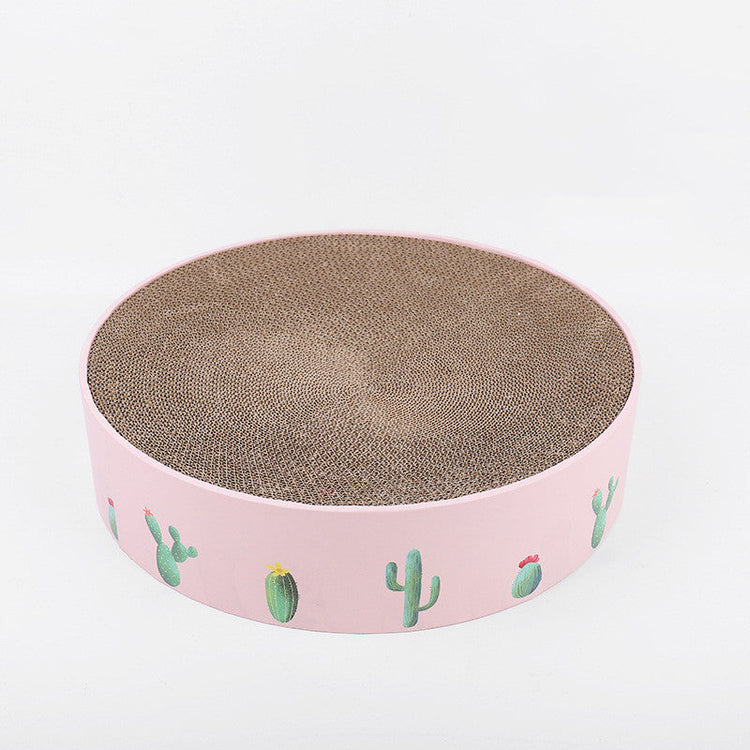 durable cat scratch board featuring a pink design with cacti and a corrugated scratching surface.