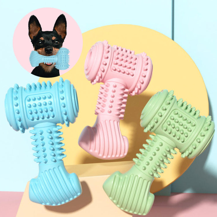 Indestructible dog chew toy in three colors: blue, pink, and green, featuring textured grips for dental health.