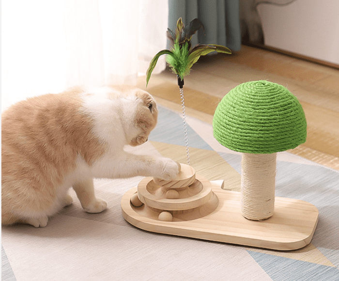 interactive wooden cat toy with playful design and sisal post, perfect for engaging and pampering your cat.