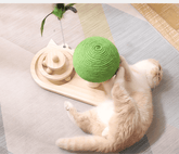 Interactive wooden cat toy with green ball and feather, designed for engaging and playful cats.