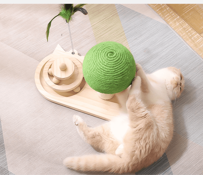 Interactive wooden cat toy with green ball and feather, designed for engaging and playful cats.