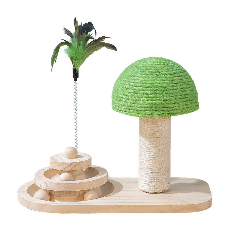 interactive wooden cat toy featuring a green mushroom scratch post and playful feather toy on a wooden base.