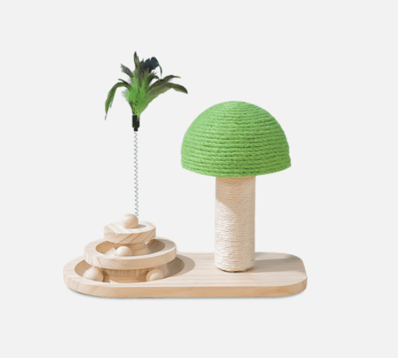 Interactive wooden cat toy featuring a green mushroom design, scratching post, and playful balls for cats.