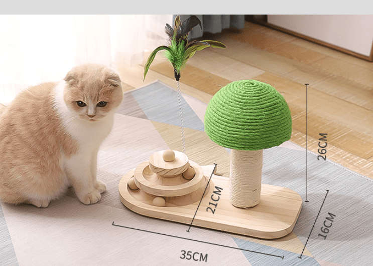 interactive wooden cat toy with a mushroom design and playful features for feline fun.