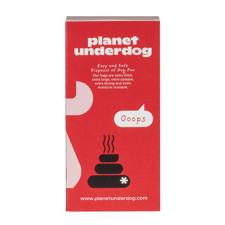 compostable --dog -poop-- bags packaging from Planet Underdog, designed for easy disposal of dog waste.