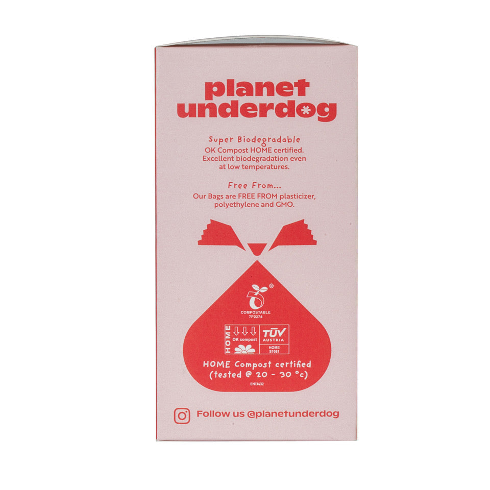 compostable --dog -poop-- bags packaging by Planet Underdog showcasing biodegradability certifications and eco-friendly features.
