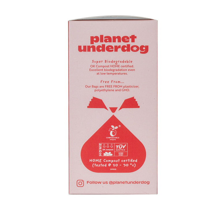 compostable --dog -poop-- bags packaging by Planet Underdog showcasing biodegradability certifications and eco-friendly features.