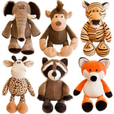 Safari adventure plush toys featuring an elephant, monkey, tiger, giraffe, raccoon, and fox in a cute arrangement.