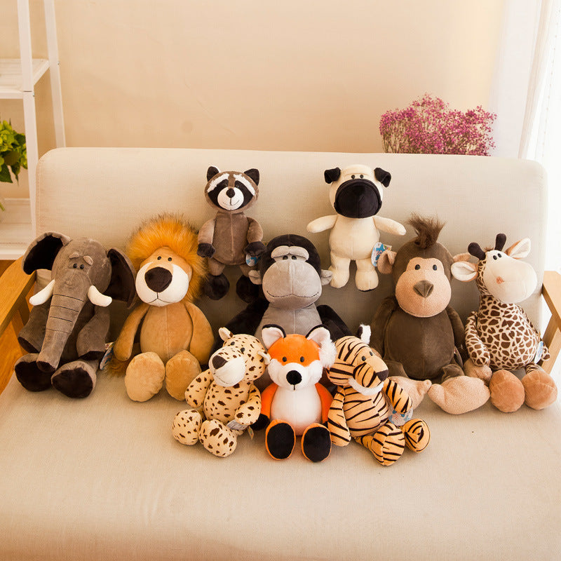 Safari adventure plush toys featuring a collection of jungle animal plush figures including an elephant, lion, raccoon, and more.