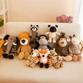 Safari adventure plush toys featuring a collection of jungle animal plush figures including an elephant, lion, raccoon, and more.