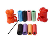 dog poop bags for cleanup in various colors with dispensers, including orange, blue, black, green, purple, yellow and red.
