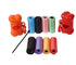 dog poop bags for cleanup in various colors with dispensers, including orange, blue, black, green, purple, yellow and red.