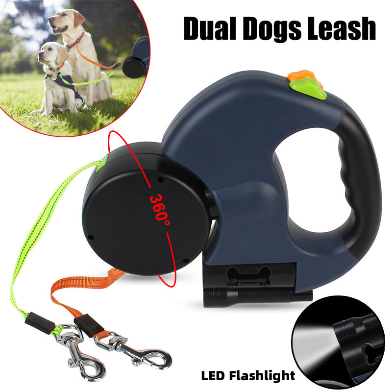 Retractable dog leash for small dogs with dual leashes and LED flashlight for safe nighttime walks.