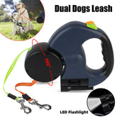Retractable dog leash for small dogs with dual leashes and LED flashlight for safe nighttime walks.