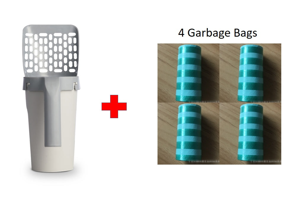 cat litter storage box with shovel and four garbage bags for cat litter disposal