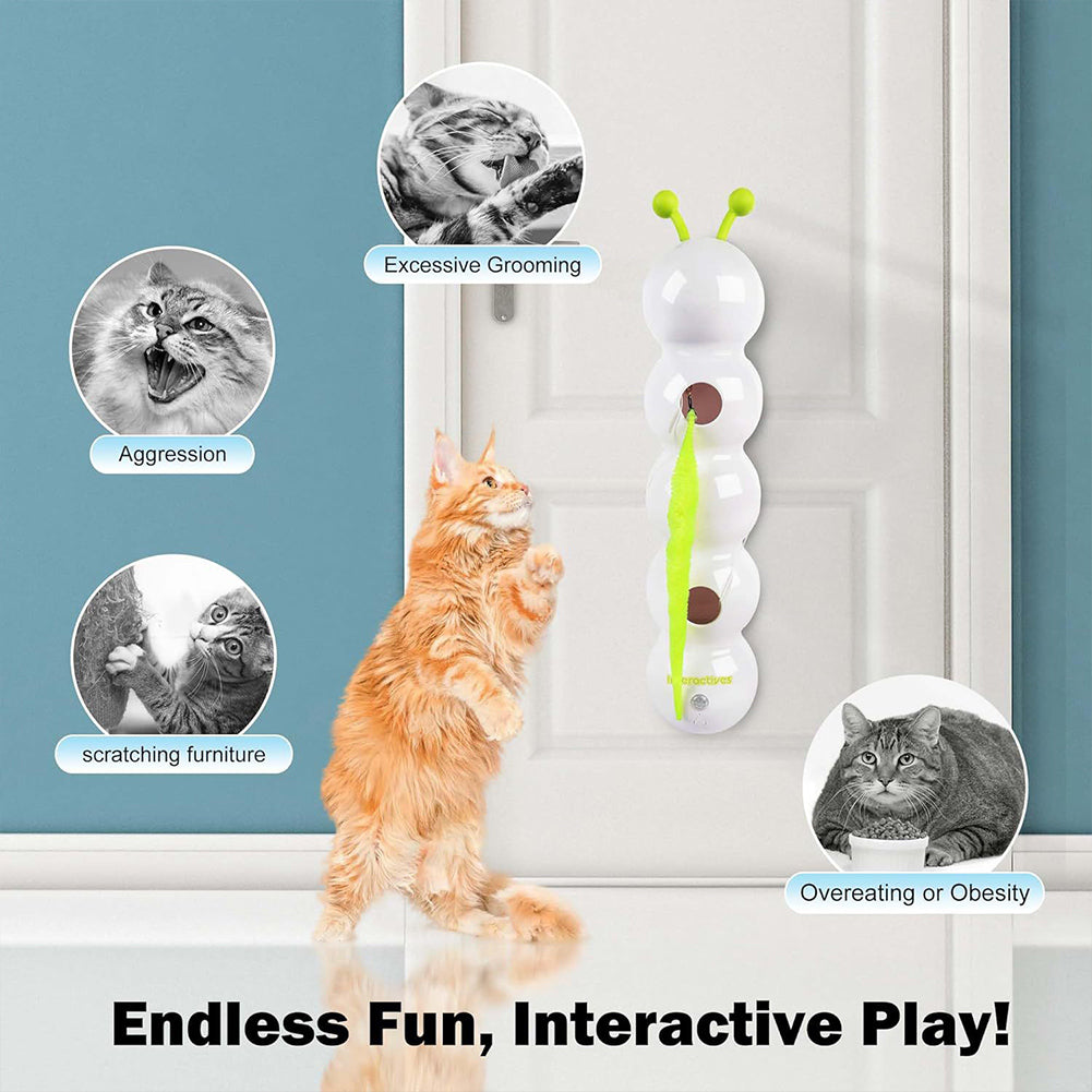 Automatic interactive cat toy with playful cat promoting exercise and mental stimulation.