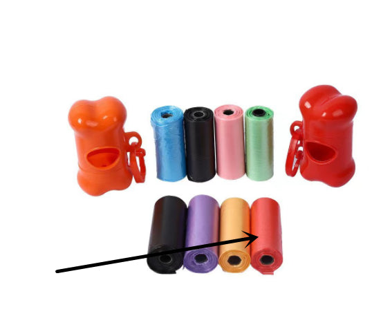 Dog poop bags for cleanup in various colors with holders, including orange, blue, green, pink, black, purple, and orange.