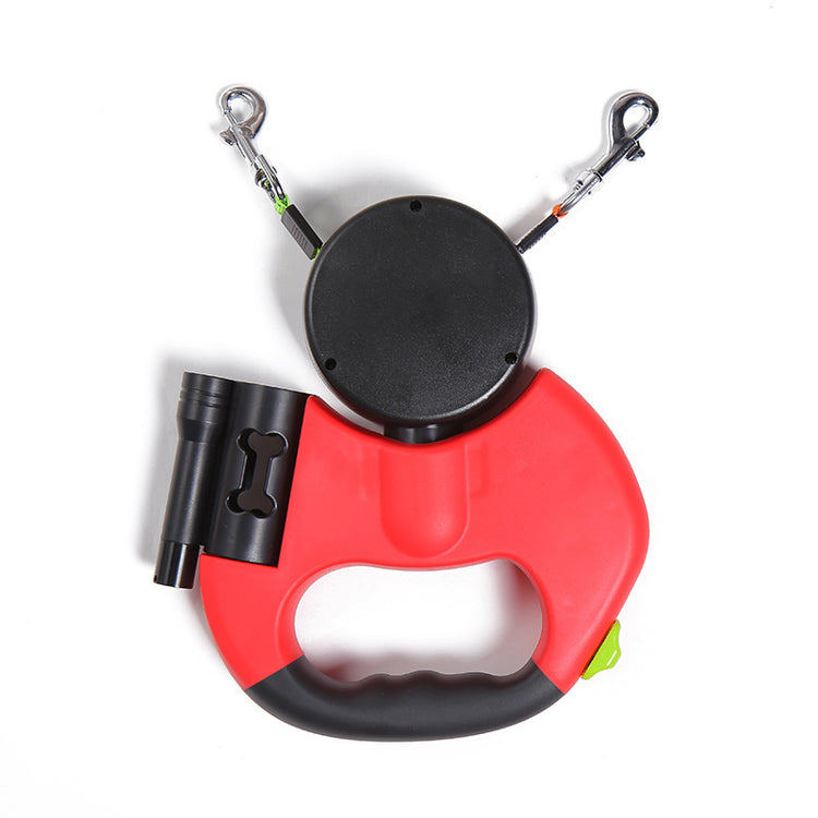 retractable dog leash for small dogs with dual clips and flashlight holder.