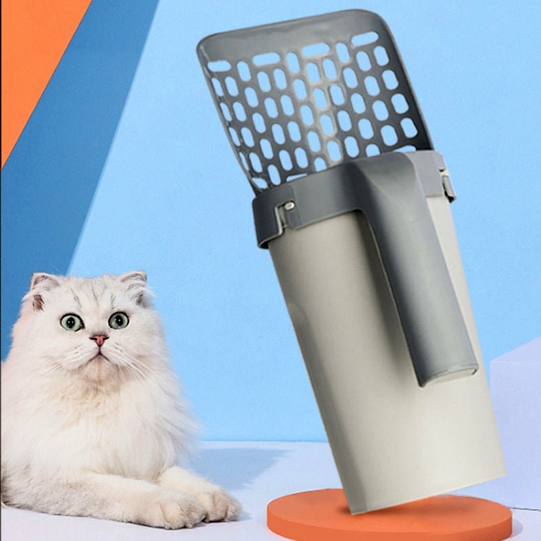 cat litter storage box with shovel displayed beside a fluffy cat, showcasing its design and functionality.