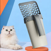 cat litter storage box with shovel displayed beside a fluffy cat, showcasing its design and functionality.