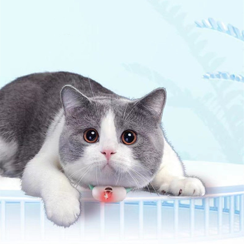 A playful cat lounging with an automatic cat toy with laser on a blue background.