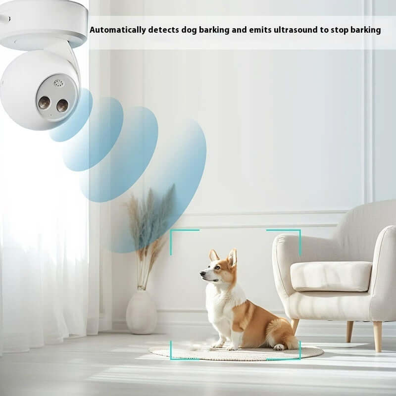 Cross-border New Pet Products Outdoor Ultrasonic Dog Trainer in action with dog sitting calmly in a room.