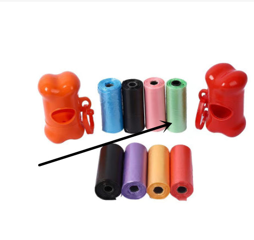 Dog poop bags for cleanup in assorted colors including black, pink, blue, and green next to a red bone-shaped dispenser.