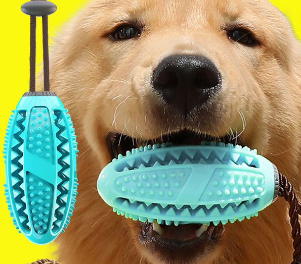 Dog chewing on an interactive dog toy for dental care designed to promote oral hygiene and fresh breath.