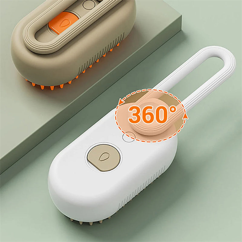 Cat Steam Brush Steamy Dog Brush - 3 In 1 Electric Grooming showing 360-degree rotating design for versatile grooming.
