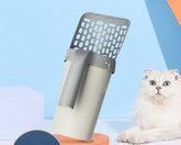 cat litter storage box with shovel for easy use and litter management alongside a fluffy cat.
