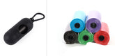 Dog poop bags for cleanup in six colors including black, blue, green, purple, red, and light blue with a dispenser.