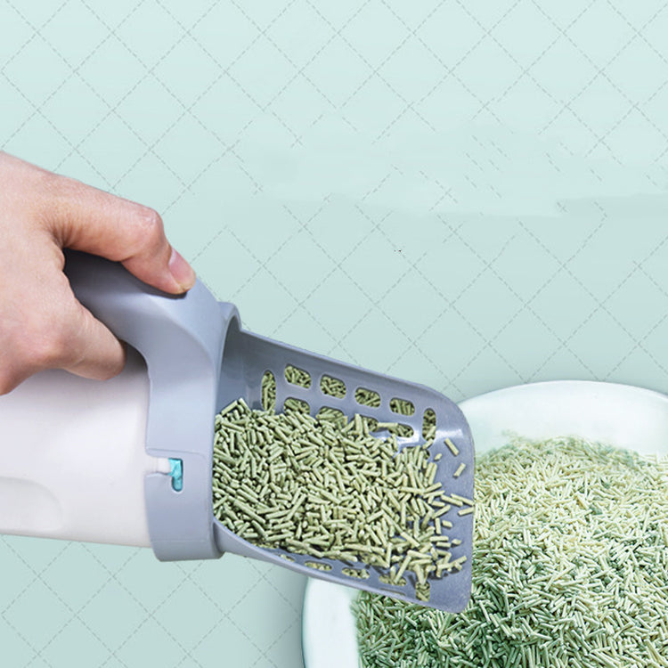 cat litter storage box with shovel pouring litter from a scooper into a bowl.